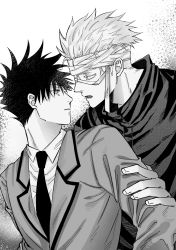 Rule 34 | 2boys, arm grab, bandage over one eye, collared shirt, commentary request, crying, fushiguro megumi, fushirun rung, gojou satoru, greyscale, hair between eyes, high collar, highres, jacket, jujutsu kaisen, looking at another, male focus, monochrome, multiple boys, necktie, open mouth, parted lips, school uniform, shirt, short hair, spiked hair, tears