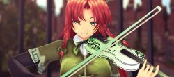 Rule 34 | 1girl, 3d, blurry, bow, braid, breasts, chinese clothes, depth of field, green eyes, hair bow, hair ornament, hong meiling, instrument, kaze (bluewind), large breasts, looking at viewer, mikumikudance (medium), outdoors, red hair, scarlet devil mansion, side braids, smile, solo, touhou, twin braids, upper body, violin