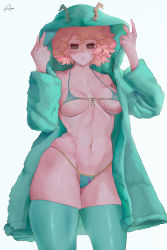 Rule 34 | 1girl, araneesama, ashido mina, bikini, black sclera, boku no hero academia, breasts, closed mouth, colored sclera, colored skin, commentary, cropped legs, earrings, green bikini, groin, hands up, highres, jewelry, large breasts, long sleeves, looking at viewer, navel, open clothes, pink hair, pink skin, shiny skin, short hair, simple background, solo, string bikini, swimsuit, thighhighs, thighs, white background, yellow eyes