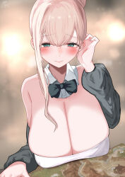 Rule 34 | 1girl, bare shoulders, black bow, black bowtie, black jacket, blonde hair, blurry, blurry background, blush, bow, bowtie, breasts, cleavage, closed mouth, commentary request, detached sleeves, dress, green eyes, hair between eyes, hair bun, highres, huge breasts, jacket, long sleeves, looking at viewer, mature female, original, sagging breasts, single sidelock, skindentation, smile, solo, table, white dress, yuzuki himuka