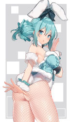 Rule 34 | 1girl, :o, absurdres, animal ears, aqua eyes, aqua hair, aqua leotard, ass, bare shoulders, bicute bunnies miku, black bow, bow, breasts, commentary request, double bun, fake animal ears, fake tail, fishnet legwear, fishnets, forehead, from behind, fur collar, fur trim, hair between eyes, hair bun, hand up, hatsune miku, highleg, highleg leotard, highres, leotard, looking at viewer, looking back, official alternate costume, open mouth, playboy bunny, rabbit tail, sideboob, sidelocks, solo, strapless, strapless leotard, tail, thighs, two-tone background, vierzeck, vocaloid, white leotard, wrist cuffs