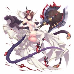 Rule 34 | 1girl, aata1007, axe, blunt bangs, breasts, brown eyes, commentary, dress, elbow gloves, eriko (princess connect!), flower, full body, gloves, hair flower, hair ornament, hair ribbon, highres, holding, holding axe, horns, jewelry, large breasts, long hair, looking at viewer, pendant, princess connect!, red flower, red rose, ribbon, rose, short hair, simple background, solo, tail, thighhighs, white background, white dress, white gloves, white ribbon, white thighhighs