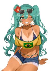 1girl absurdres aqua_eyes aqua_hair bikini black_bikini bracelet brazilian_flag brazilian_flag_print brazilian_miku breasts cleavage dark-skinned_female dark_skin earrings exposed_pocket eyewear_on_head flower hair_flower hair_ornament hatsune_miku highres jewelry kinomiki large_breasts long_hair midriff multiple_bracelets navel off-shoulder_shirt off_shoulder rectangular_earrings shirt shorts shorts_tan simple_background solo sunglasses swimsuit tan tanline twintails vocaloid white-framed_eyewear white_background