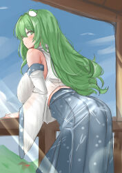 Rule 34 | 1girl, absurdres, bare shoulders, bent over, blue skirt, blush, breasts, commentary request, day, detached sleeves, expressionless, frog hair ornament, green eyes, green hair, hair between eyes, hair intakes, hair ornament, highres, huge breasts, indoors, kochiya sanae, kuraki, looking at viewer, looking back, midriff, profile, skirt, sky, solo, touhou, vest, white vest, window