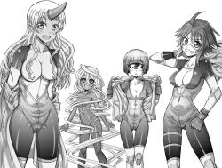 Rule 34 | 10s, 4girls, :d, absurdly long hair, ahoge, alternate breast size, breasts, cameltoe, cleavage, convenient censoring, cyclops, dark-skinned female, dark skin, doppel (monster musume), doppelganger, fingerless gloves, gloves, greyscale, grin, hair censor, hair over breasts, horns, long hair, manako, medium breasts, mitsurou, monochrome, monster girl, monster musume no iru nichijou, multiple girls, navel, no bra, nude, ogre, one-eyed, open mouth, pointy ears, prehensile hair, short hair, single horn, skin tight, small breasts, smile, standing, stitches, tionishia, undressing, uniform, very long hair, zombie, zombina (monster musume)