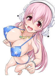 Rule 34 | 1girl, barefoot, bikini, blue bikini, bracelet, breasts, covered erect nipples, from above, full body, headphones, jewelry, large breasts, long hair, looking at viewer, miyamoto issa, necklace, nitroplus, open mouth, pink eyes, pink hair, simple background, smile, solo, super sonico, swimsuit, white background