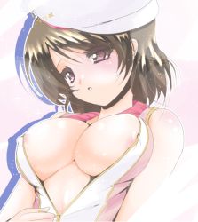 Rule 34 | 10s, 1girl, areola slip, bare shoulders, blush, breasts, cleavage, frapowa, hat, koizumi hanayo, large breasts, love live!, love live! school idol project, no bra, parted lips, short hair, solo, sparkle, unzipping