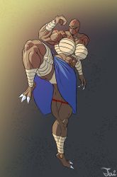 Rule 34 | 1girl, abs, absurdres, angry, artist request, bald, bandages, black eyes, breasts, claws, creatures (company), dark-skinned female, dark skin, female focus, fighting stance, flexing, game freak, gen 1 pokemon, highres, hitmonlee, large breasts, looking to the side, muscular, muscular arms, muscular female, muscular legs, nintendo, no mouth, personification, piercing, pokemon, sarashi, solo, tattoo, towel around waist, veins