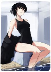 Rule 34 | 1girl, amagami, bad id, bad pixiv id, bare shoulders, black eyes, black hair, collarbone, competition swimsuit, one-piece swimsuit, sitting, soaking feet, solo, swimsuit, tsukahara hibiki, water, wiori (mashiro miracle)