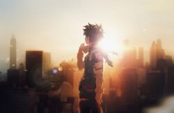 Rule 34 | 1boy, adjusting clothes, arm at side, atmospheric perspective, belt, belt pouch, bird, bloom, blurry, bodysuit, boku no hero academia, building, check commentary, city, cityscape, commentary request, cowboy shot, cuts, depth of field, floating clothes, from side, gloves, green bodysuit, green hair, grey sky, hand up, highres, injury, juanchun818, lens flare, looking afar, male focus, midoriya izuku, outdoors, pouch, short hair, sky, solo, torn bodysuit, torn clothes, torn sleeves, turning head, utility belt, white bird, white gloves