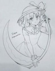 Rule 34 | 1girl, bow, closed mouth, dress, elly (touhou), frilled sleeves, frills, haramin3, hat, hat bow, highres, long sleeves, monochrome, scythe, short hair, simple background, smile, touhou, touhou (pc-98), traditional media, white background