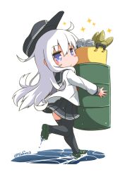 Rule 34 | 10s, 1girl, ahoge, anchor symbol, artist name, barrel, black skirt, black thighhighs, blue eyes, blush, blush stickers, bucket, carrying, chibi, dripping, drum (container), expressionless, eyebrows, faux figurine, flat cap, from behind, full body, green footwear, hair between eyes, hat, hibiki (kancolle), jitome, kantai collection, leg up, loafers, long hair, long sleeves, looking at viewer, looking back, pleated skirt, pot, sailor collar, shirt, shoes, silver hair, simple background, skirt, solo, sparkle, thighhighs, twitter username, very long hair, walking, walking on liquid, water, white background, white shirt, yaosera, zettai ryouiki