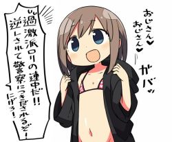 Rule 34 | 1girl, bikini, bikini top only, black jacket, blue eyes, blush, bra, brown hair, character request, collarbone, commentary request, cowboy shot, eyebrows, flat chest, groin, heart, heart print, hood, hoodie, jacket, kanikama, navel, open clothes, open mouth, original, pink bra, short hair, simple background, smile, solo, speech bubble, spoken heart, stomach, swimsuit, text focus, translation request, underwear, upper body, white background, wide sleeves