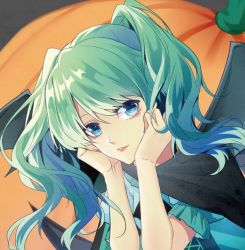 Rule 34 | 1girl, bad id, bad pixiv id, black cape, black wings, blue eyes, cape, floating hair, green hair, hair between eyes, halloween, halloween costume, long hair, looking at viewer, open mouth, original, solo, tandong, twintails, upper body, wings
