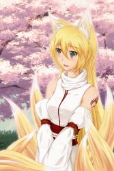 Rule 34 | 1girl, animal ears, bare shoulders, blonde hair, detached sleeves, fox ears, fox tail, grey eyes, highres, long hair, midnight (banyex), multiple tails, smile, solo, tail, tattoo