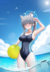 Rule 34 | absurdres, animal ear fluff, animal ears, doodle sensei (blue archive), ball, black one-piece swimsuit, blue archive, blue eyes, blue sky, breasts, cloud, competition swimsuit, covered navel, cross hair ornament, day, extra ears, grey hair, hair ornament, halo, highres, low ponytail, medium breasts, medium hair, mismatched pupils, multicolored clothes, multicolored swimsuit, official alternate costume, one-piece swimsuit, outdoors, partially underwater shot, sensei (blue archive), shiroko (blue archive), shiroko (swimsuit) (blue archive), sky, swimsuit, wolf ears, xi (hanha)