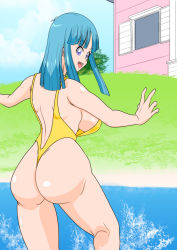 Rule 34 | 1girl, artist request, ass, bare shoulders, blue eyes, blue hair, blue sky, breasts, curvy, dragonball z, from behind, highleg, highleg swimsuit, huge ass, large breasts, lips, long hair, looking at viewer, looking back, maron (dragon ball), one-piece swimsuit, open mouth, shiny clothes, shiny skin, sideboob, skindentation, sky, solo, splashing, swimsuit, thick thighs, thighs, very long hair, water, wet, wet clothes, wet hair, wide hips, yellow one-piece swimsuit