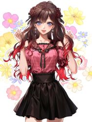 Rule 34 | 1girl, black ribbon, black skirt, blue eyes, blush, brooch, brown hair, earrings, flower, gradient hair, hair ribbon, heart, heart-shaped pupils, holding, holding own hair, ichinose shiki, idolmaster, idolmaster cinderella girls, idolmaster cinderella girls starlight stage, jewelry, lace, lace-trimmed shirt, lace trim, looking at viewer, multicolored hair, open mouth, pink shirt, red hair, red nails, ribbon, shirt, skirt, smile, solo, symbol-shaped pupils, two-tone hair, ykcocoro game