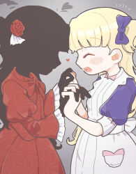 Rule 34 | 2girls, :d, apron, black hair, black skin, blonde hair, blue bow, blue dress, blunt bangs, blush, bow, closed eyes, colored skin, dress, emilico (shadows house), flower, frills, grey background, hair bow, hair flower, hair ornament, heart, highres, holding hands, interlocked fingers, juliet sleeves, kate (shadows house), long hair, long sleeves, multiple girls, open mouth, profile, puffy short sleeves, puffy sleeves, red dress, red flower, red rose, rose, saco 35, shadow (shadows house), shadows house, short sleeves, simple background, smile, two side up, white apron