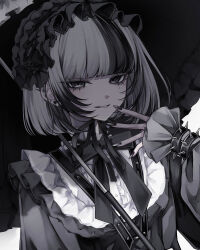 Rule 34 | 1girl, 402 (o0 xxx), absurdres, black hair, black nails, black theme, bow, bowtie, bracelet, collar, commentary, eyelashes, frilled collar, frilled hairband, frills, gothic lolita, grey hair, hairband, hand up, highres, holding, holding umbrella, jewelry, lolita fashion, looking at viewer, mole, mole under eye, monochrome, multicolored hair, nail polish, original, shaded face, short hair, simple background, smile, solo, spiked bracelet, spikes, streaked hair, symbol-only commentary, umbrella, upper body, white background