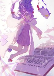 Rule 34 | 1girl, absurdres, blue bow, blue ribbon, book, bow, crescent, crescent hat ornament, dress, full body, hair bow, hat, hat ornament, hat ribbon, highres, long hair, long sleeves, mob cap, open book, parted lips, patchouli knowledge, purple dress, purple eyes, purple hair, purple hat, red bow, red ribbon, ribbon, shoes, sly930105, solo, sparkle, striped clothes, striped dress, touhou, unworn hat, unworn headwear, vertical-striped clothes, vertical-striped dress, white footwear