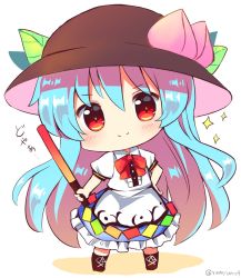 Rule 34 | 1girl, apron, black hat, blouse, blue hair, blue skirt, blush, bow, bowtie, brown footwear, center frills, chibi, cross-laced footwear, food, frills, fruit, hat, highres, hinanawi tenshi, leaf, long hair, looking at viewer, neck ribbon, peach, puffy short sleeves, puffy sleeves, ramudia (lamyun), red bow, red eyes, ribbon, shirt, shoes, short sleeves, simple background, skirt, smile, solo, sword of hisou, touhou, translation request, white background, white shirt