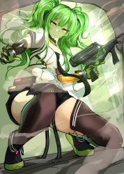 Rule 34 | 1girl, agetama, black thighhighs, breasts, calico m950, calico m950a, cheek pistol, cleavage, double-stack magazine, elbow gloves, girls&#039; frontline, gloves, green hair, gun, handgun, helical magazine, high-capacity magazine, highres, holding, holding gun, holding weapon, kneeling, long hair, looking at viewer, m950a (girls&#039; frontline), machine pistol, necktie, on one knee, parted lips, pistol, shorts, solo, stubby grip, thighhighs, twintails, vertical forward grip, weapon, yellow eyes