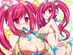 Rule 34 | 1girl, :o, adjusting clothes, adjusting swimsuit, ahoge, ass, bikini, blush, bow, breasts, cleavage, female focus, frilled bikini, frills, hair bow, hair ornament, hair ribbon, headphones, large breasts, long hair, long twintails, looking back, mouth hold, multiple views, nikuchimaki, open mouth, pink eyes, pink hair, rasis, ribbon, shiny skin, skindentation, smile, sound voltex, sound voltex ii infinite infection, star (symbol), strap gap, striped bikini, striped clothes, sweat, swimsuit, twintails