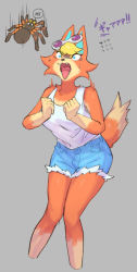 Rule 34 | 1girl, alternate costume, animal crossing, animal ears, audie (animal crossing), bare shoulders, blonde hair, blue eyes, blue shorts, breasts, bug, clenched hands, constricted pupils, cropped legs, denim, denim shorts, eyeshadow, eyewear on head, fangs, female focus, flying sweatdrops, furry, furry female, grey background, hands up, highres, image sample, japanese text, knees together feet apart, looking up, makeup, medium breasts, motion lines, nintendo, open mouth, pixiv sample, purple-tinted eyewear, scared, shirt, shirt tucked in, short hair, short shorts, shorts, shouting, simple background, sleeveless, sleeveless shirt, solo, spider, standing, suigi, sunglasses, sweat, tail, tinted eyewear, tongue, translated, turn pale, white-framed eyewear, white shirt, wolf ears, wolf tail, yellow eyeshadow