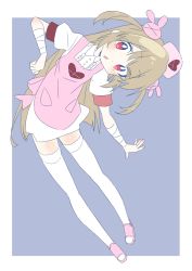 Rule 34 | 1girl, absurdres, apron, bad id, bad twitter id, bandages, blue background, blush, donguri suzume, full body, hair ornament, hat, heart, highres, leaning, light brown hair, looking at viewer, nail polish, natori sana, nurse cap, open mouth, pink apron, pink footwear, pink hat, pink nails, puffy short sleeves, puffy sleeves, rabbit hair ornament, red eyes, sana channel, short sleeves, simple background, solo, thighhighs, thighs, two side up, virtual youtuber, zettai ryouiki