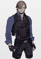 Rule 34 | 1boy, asymmetrical hair, bag, belt, black gloves, black pants, black vest, blonde hair, blue eyes, blue shirt, cowboy shot, facial hair, fingerless gloves, gloves, hair over one eye, harness, highres, holster, leon s. kennedy, long sleeves, looking at viewer, male focus, oimo (oimkimn), one eye covered, pants, resident evil, resident evil 6, shirt, short hair, shoulder bag, sleeves rolled up, solo, standing, stubble, tactical clothes, thigh holster, thigh strap, vest, white background