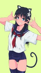 Rule 34 | 1girl, absurdres, animal ears, black hair, blue eyes, blue sailor collar, blue thighhighs, cat ears, cat tail, commentary request, flower, grin, hair flower, hair ornament, highres, long hair, musaki (msaki666), neckerchief, one-piece swimsuit, red neckerchief, sailor collar, saten ruiko, school swimsuit, school uniform, shirt, short sleeves, simple background, smile, solo, swimsuit, swimsuit under clothes, tail, thighhighs, toaru kagaku no railgun, toaru majutsu no index, white shirt