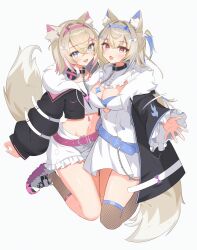 Rule 34 | 2girls, absurdres, animal ear fluff, animal ears, bandaid, bandaid hair ornament, belt, belt collar, black collar, blonde hair, blue eyes, blue hair, breasts, collar, colored inner animal ears, dog ears, dog girl, dog tail, fur-trimmed jacket, fur trim, fuwawa abyssgard, fuwawa abyssgard (1st costume), hair ornament, headband, headphones, headphones around neck, highres, hololive, hololive english, jacket, long hair, looking at viewer, medium breasts, mococo abyssgard, mococo abyssgard (1st costume), multicolored hair, multiple girls, open mouth, pink belt, pink eyes, pink hair, pink headband, sasaki ikuya, siblings, simple background, sisters, smile, streaked hair, tail, twins, virtual youtuber, white background, x hair ornament