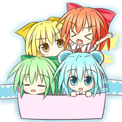 Rule 34 | &gt; &lt;, 4girls, :d, = =, > <, achi cirno, alternate color, alternate element, alternate hair color, alternate wings, bad id, bad pixiv id, blonde hair, blue dress, blue hair, blush, bow, box, chibi, cirno, dress, electricity, closed eyes, fairy, fire, for adoption, green dress, green hair, hachiyo yashiro, hair bow, hair ornament, hapa cirno, ikazu cirno, in box, in container, leaf, mizu cirno, multiple girls, no mouth, open mouth, red dress, red hair, short hair, smile, sweatdrop, touhou, water, wings, xd, yashiro yashiro, yellow dress
