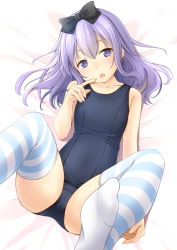 Rule 34 | 1girl, blue one-piece swimsuit, commentary request, cowboy shot, highres, long hair, looking at viewer, lying, medium hair, old school swimsuit, one-piece swimsuit, original, purple eyes, purple hair, ribbon, school swimsuit, shibacha, simple background, solo, spread legs, striped clothes, striped thighhighs, swimsuit, thighhighs, translation request, white background