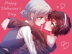 Rule 34 | 2girls, arms around neck, black jacket, black vest, brown hair, chinese commentary, chocolate, closed mouth, collared shirt, commentary request, eye contact, food in mouth, freckles, grey eyes, grey hair, hair bun, happy valentine, headdress, heart, highres, hug, jacket, jewelry, long sleeves, looking at another, multiple girls, necklace, off shoulder, pink background, red eyes, reverse:1999, schneider (reverse:1999), shirt, short hair, simple background, single side bun, smile, tsukineko 078, upper body, vertin (reverse:1999), vest, white shirt, yuri