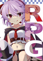 Rule 34 | 1girl, :q, akisome hatsuka, alternate costume, ascot, bare shoulders, bat wings, belt, closed mouth, comiket 100, earrings, english text, hairband, jewelry, looking at viewer, purple hair, red ascot, red eyes, red hairband, remilia scarlet, shirt, short hair, single thighhigh, smile, solo, thighhighs, tongue, tongue out, touhou, white background, white shirt, wings