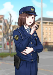 Rule 34 | 1girl, bad id, bad pixiv id, belt, blue hat, blue jacket, blue necktie, blue pants, brown eyes, brown hair, commentary request, hat, highres, holding, holding walkie-talkie, jacket, long sleeves, necktie, original, pants, patch, piiiiiko, pocket, police, police hat, police uniform, policewoman, shirt, short hair, solo, uniform, utility belt, walkie-talkie, white shirt