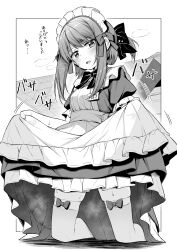 Rule 34 | 1girl, apron, blush, bow, clothes lift, dress, frills, greyscale, hair bow, highres, ina (inadahime), kneeling, looking at viewer, maid, maid apron, maid headdress, monochrome, open mouth, original, puffy sleeves, short sleeves, sidelocks, solo, tsubaki-chan (ina (inadahime))
