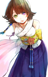 Rule 34 | 1girl, bare shoulders, breasts, brown hair, cleavage, commentary request, detached sleeves, final fantasy, final fantasy x, green eyes, hakama, hakama skirt, heterochromia, japanese clothes, jewelry, leaning forward, looking at viewer, medium breasts, necklace, nyucha, purple eyes, short hair, simple background, skirt, solo, white background, yuna