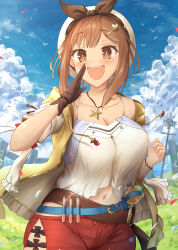 Rule 34 | 1girl, :d, absurdres, atelier (series), atelier ryza, atelier ryza 1, beret, blue sky, breasts, brown eyes, brown gloves, brown hair, cleavage, cloud, commentary request, gloves, grass, hat, highres, jacket, jewelry, large breasts, looking at viewer, navel, necklace, open clothes, open jacket, open mouth, outdoors, reisalin stout, satsuki (mikatsuki), shirt, short hair, sidelocks, sky, sleeveless, sleeveless jacket, smile, solo, star (symbol), star necklace, teeth, test tube, upper teeth only, white hat, white shirt, yellow jacket