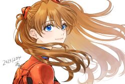 Rule 34 | 1girl, 2023, arano nknk, blue eyes, bodysuit, brown hair, cowboy shot, dated, floating hair, hair between eyes, hair ornament, highres, interface headset, lips, long hair, neon genesis evangelion, plugsuit, red bodysuit, shiny clothes, smile, solo, souryuu asuka langley, two side up, upper body, white background