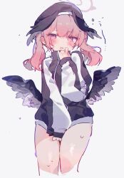 Rule 34 | 1girl, beret, black hat, black wings, blue archive, blush, feathered wings, grey background, halo, hat, head wings, highres, jacket, koharu (blue archive), long hair, long sleeves, low twintails, low wings, open mouth, otintin, pink eyes, pink hair, pink halo, simple background, solo, sweat, tearing up, thighs, track jacket, twintails, wings