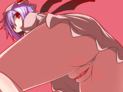 Rule 34 | 1girl, anus, ass, bat wings, clitoris, female focus, from below, hakika, hat, looking down, no panties, open mouth, pink background, pov, pov crotch, purple hair, pussy, red eyes, remilia scarlet, short hair, simple background, solo, touhou, uncensored, wings