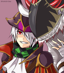 Rule 34 | 1boy, argyle, argyle clothes, argyle scarf, ascot, bad id, bad pixiv id, bandage over one eye, blackbeard (p&amp;d), chisa, dragon, grin, hat, male focus, pirate, pirate hat, puzzle &amp; dragons, red eyes, scarf, sharp teeth, smile, solo, teeth, upper body, white hair
