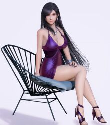 Rule 34 | 1girl, 3d, artist name, bare shoulders, black hair, bracelet, breasts, chair, cleavage, dress, earrings, final fantasy, final fantasy vii, final fantasy vii remake, full body, high heels, highres, jewelry, large breasts, legs, lips, long hair, necklace, pillow, pinup (style), purple dress, purple footwear, purple nails, raidenwgt, red eyes, red lips, sandals, simple background, single earring, single sidelock, sitting, sleeveless, sleeveless dress, solo, square enix, swept bangs, tifa lockhart