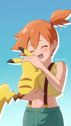 Rule 34 | 1girl, :d, absurdres, blue background, blush, closed eyes, commentary request, creatures (company), cropped shirt, eyelashes, game freak, gen 1 pokemon, green shorts, happy, highres, holding, holding pokemon, joker d chaos, misty (pokemon), navel, nintendo, one side up, open mouth, orange hair, pikachu, pokemon, pokemon (anime), pokemon (classic anime), pokemon (creature), shirt, shorts, sleeveless, sleeveless shirt, smile, suspenders, watermark, yellow shirt