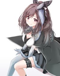 Rule 34 | 1girl, akisaka yamoka, black cape, black skirt, blue gloves, blue thighhighs, blush, bow, bowtie, breasts, brown hair, cape, cleavage, elbow gloves, gloves, gradient gloves, gradient hair, gradient legwear, highres, idolmaster, idolmaster shiny colors, jewelry, large breasts, looking at viewer, multicolored clothes, multicolored hair, multicolored legwear, necklace, pink eyes, pleated skirt, simple background, single thighhigh, sitting, skirt, smile, solo, thighhighs, tsukioka kogane, white background