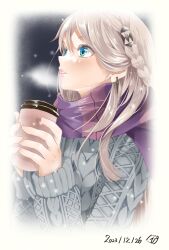 Rule 34 | 1girl, a pig28, blonde hair, blue eyes, braid, coffee cup, condensation, crown braid, cup, dated, disposable cup, earrings, eiyuu densetsu, elaine auclair, hair between eyes, highres, holding, holding cup, jewelry, kuro no kiseki, long hair, portrait, ribbed sweater, scarf, signature, snowflakes, snowing, solo, sweater