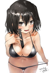 Rule 34 | 1girl, between breasts, bikini, black bikini, black hair, breasts, brown eyes, cleavage, collarbone, commentary request, cowboy shot, dated, halterneck, kantai collection, leaning forward, looking at viewer, medium breasts, one-hour drawing challenge, sendai (kancolle), short hair, side-tie bikini bottom, signature, simple background, solo, string bikini, swimsuit, thigh gap, toka (marchlizard), torpedo, two side up, white background